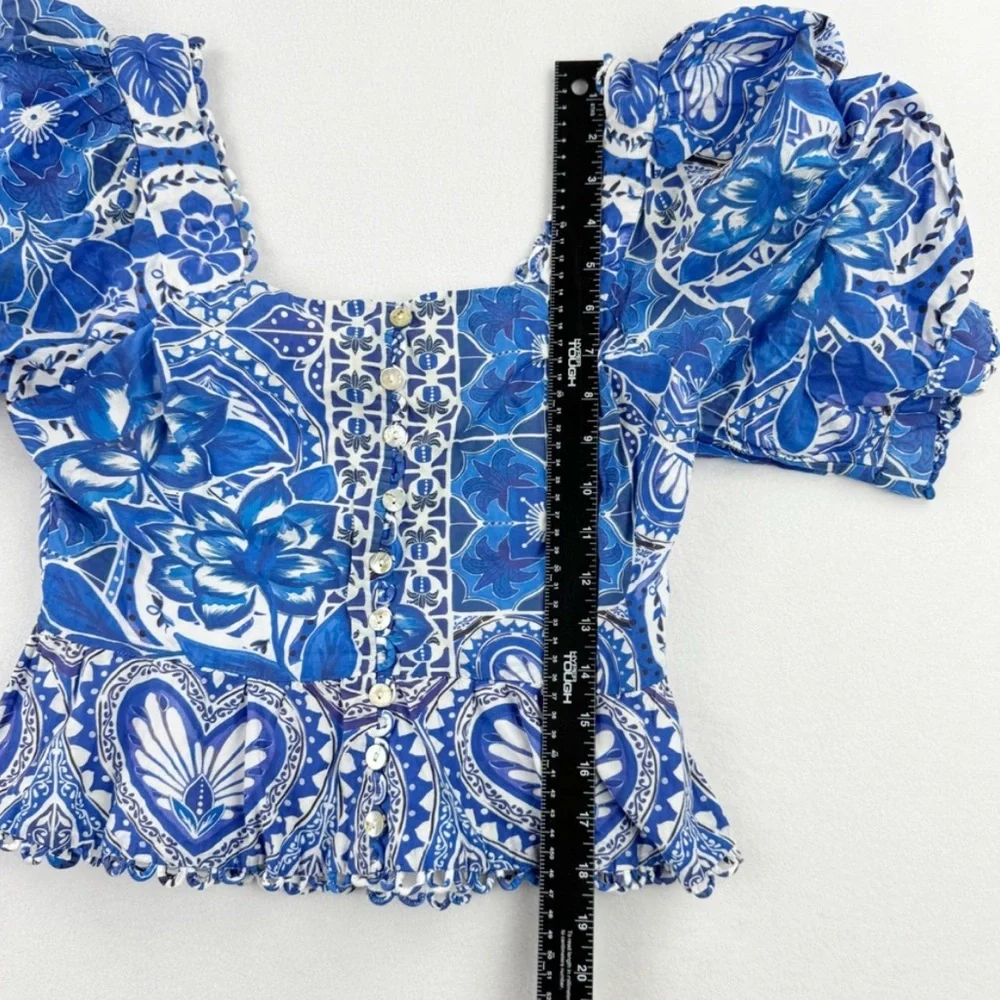 FARM Rio Blue Floral Patchwork Puff Sleeve Blouse